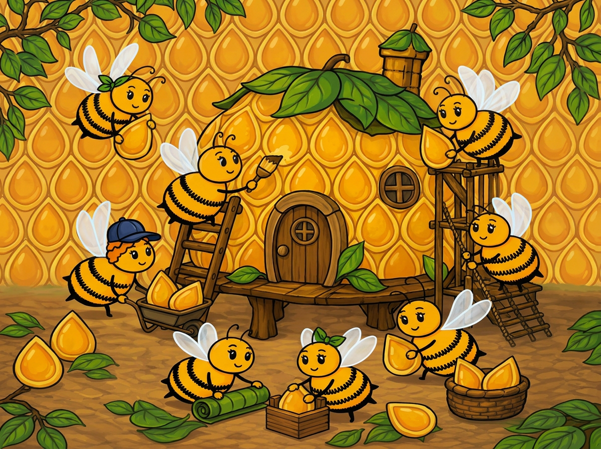 Illustration of a community of bees working together to rebuild their hive